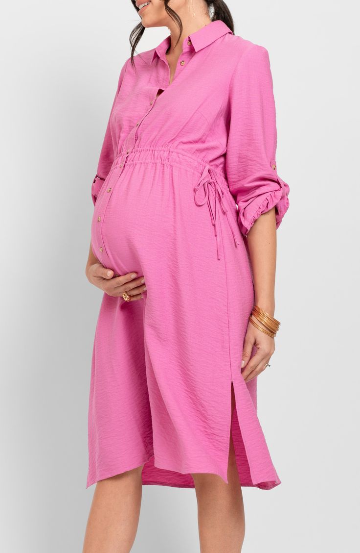 Keep you and your bump cute, cool and comfortable in this breezy maternity dress that buttons at the front. 44" length (size 10) Front button closure Spread collar Long sleeves with roll-tab cuffs Drawstring waist Viscose/nylon Machine wash, line dry Imported Spring Long-sleeve Nursing-friendly Maternity Dress, Spring Long Sleeve Maternity Dress Nursing Friendly, Spring Long Sleeve Nursing-friendly Maternity Dress, Long Sleeve Maternity Dress Nursing Friendly For Spring, Summer Maternity Dress Nursing Friendly Daywear, Long Sleeve Nursing-friendly Maternity Dress For Spring, Summer Maternity Dress, Nursing Friendly, For Daywear, Summer Daywear Nursing-friendly Maternity Dress, Long Sleeve Maternity Dress For Spring