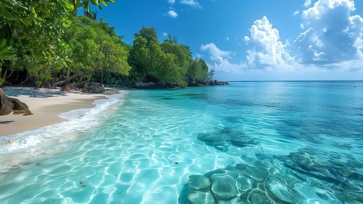 the water is crystal blue and clear at this tropical island beach, with rocks in the foreground