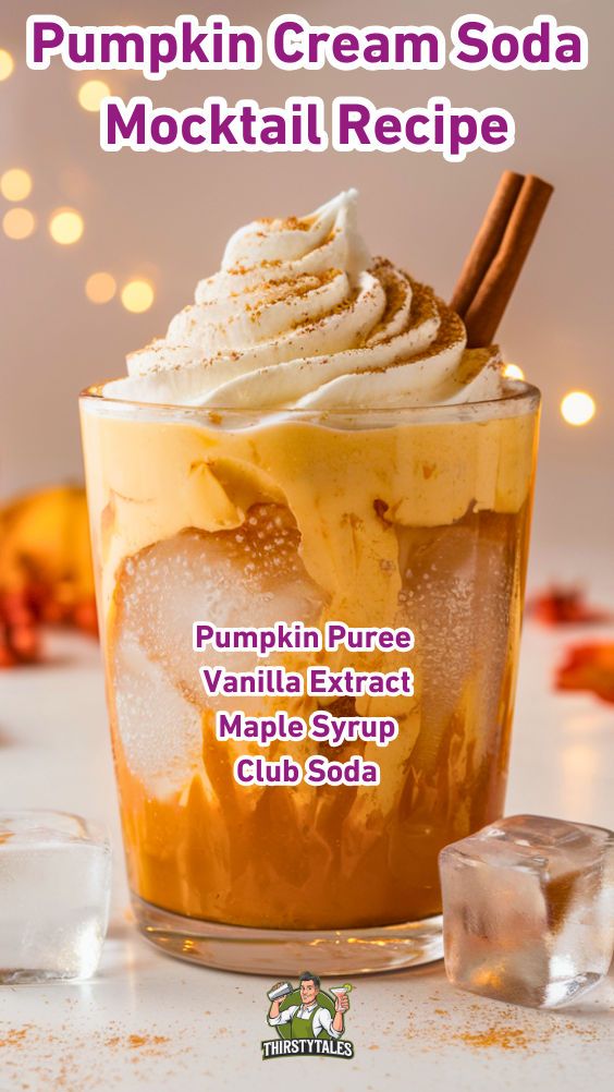 pumpkin cream soda cocktail recipe in a glass with ice cubes and cinnamon on the side