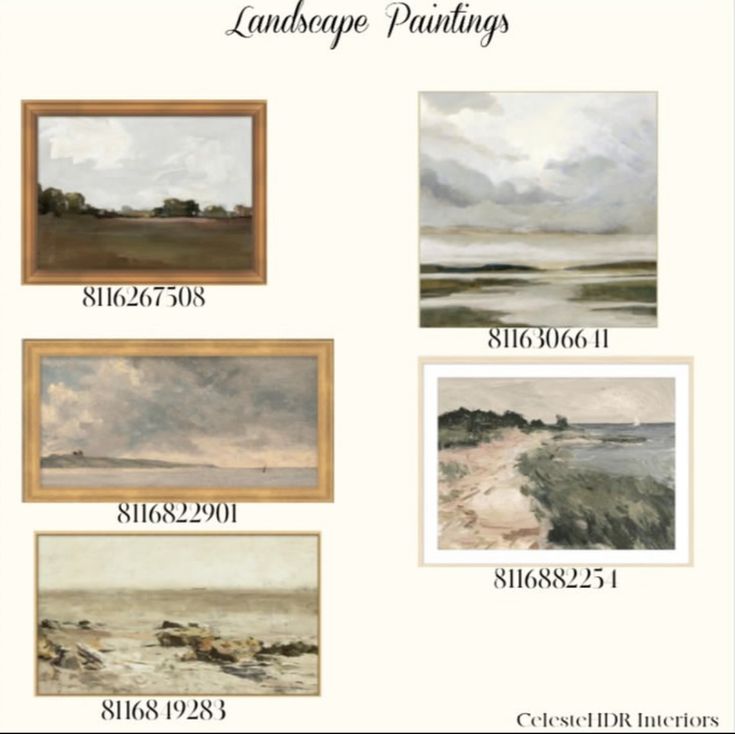 the landscape paintings are displayed in different frames