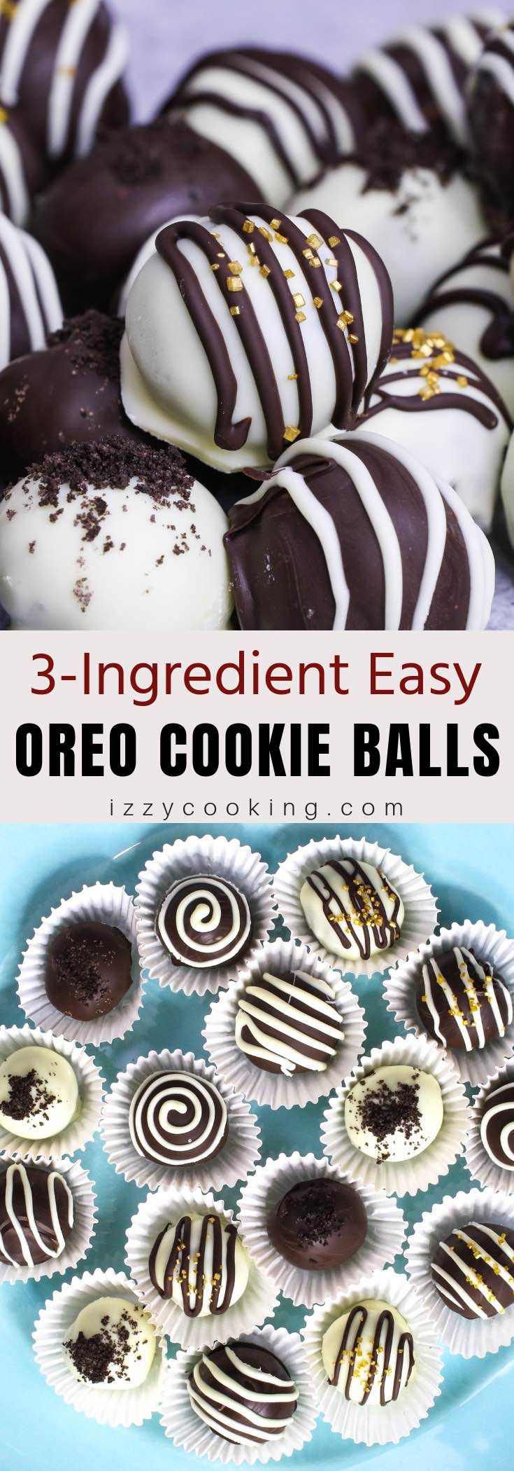 three ingredient easy oreo cookie balls on a blue plate with white and gold striped cookies