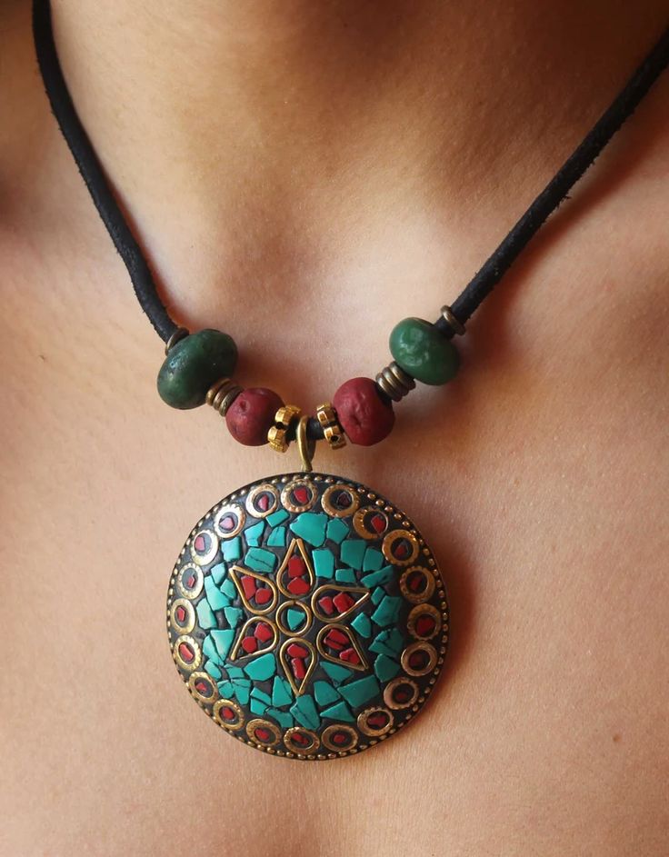 Boho Nepali Mosaic Tibetan Necklace for Women Indian Vintage | Etsy Traditional Beaded Turquoise Pendant Necklace, Bohemian Pendant Necklaces With Inlay, Bohemian Pendant Necklace With Inlay, Traditional Necklaces With Natural Stones And Round Pendant, Bohemian Turquoise Jewelry, Fair Trade, Bohemian Turquoise Jewelry Fair Trade, Bohemian Turquoise Fair Trade Jewelry, Traditional Round Pendant Necklace With Natural Stones, Traditional Necklace With Natural Stones And Round Pendant