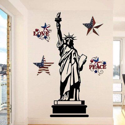 the statue of liberty wall decal is shown in this living room with american flags and stars