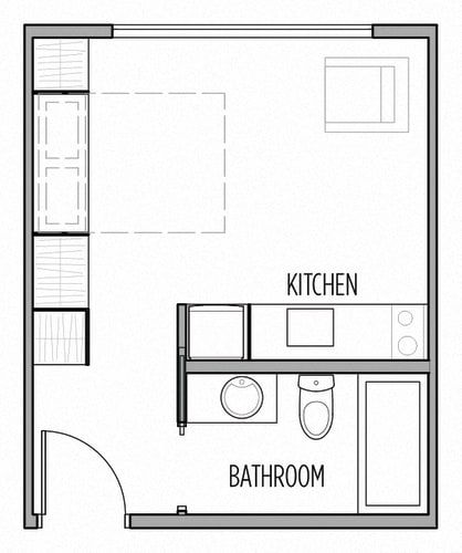 the floor plan for a studio apartment with one bedroom and an attached bathroom, which is also