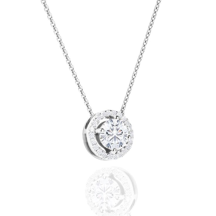 Solitaire 1.25 Carat Round Cut Halo Pendant Necklace18k White Gold over Silver, solitaire moissanite halo pendant necklace in 18k white gold over silver 18-inch cable chain that is secured by a spring ring clasp, this handmade necklace features 1 carat round cut real moissanite .25 carat high quality moissanites total weight of 1.25 carat. necklace is made with high quality and real gemstone. The moissanite necklace is a perfect gift for her or for anniversary, birthday, mother's day, valentine' Silver Necklace With Halo Setting And Round Pendant, Silver Necklace With Round Halo Pendant, Silver Necklace With Halo Design And Round Pendant, Silver Round Halo Design Necklace, Sterling Silver Halo Design Round Necklace, Sterling Silver Halo Design Necklace, Sterling Silver Pendant Necklace With Halo Design, Silver Round Necklace With Halo Design, Dazzling Solitaire Pendant Necklace With Halo Setting