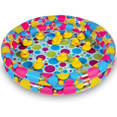 an inflatable swimming pool with rubber ducks and bubbles on it's surface