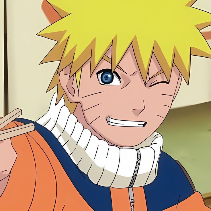 an anime character with yellow hair and blue eyes, smiling at the camera while holding his hand up