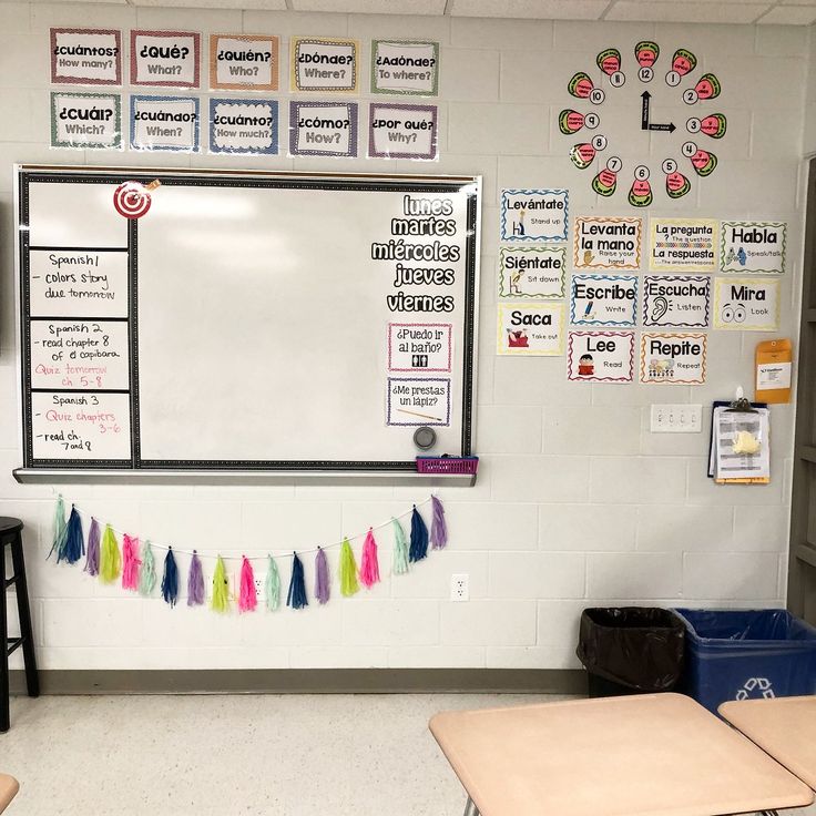 an empty classroom with desks, chairs and bulletin boards on the wall in front of them