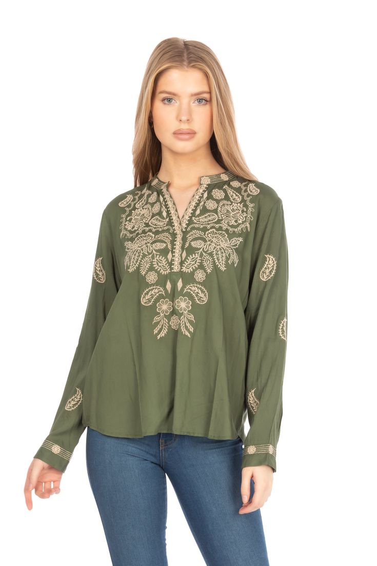 This boho top is made from 100% natural cotton, and features an exquisite floral paisley embroidery. The embroidery is inspired by ethnic Indian paisley motifs.Model is 5’8” - wearing size small. Model Bust: 34”Hand-wash cold, lay flat to dry.Made in India. Bohemian V-neck Top With Resham Embroidery, Bohemian Embroidered Relaxed Fit Blouse, Green Tops With Resham Embroidery For Spring, Green Resham Embroidered Top For Spring, Embroidered Bohemian Peasant Top With Relaxed Fit, Bohemian Embroidered Top With Long Sleeves, Bohemian Embroidered Peasant Top With Relaxed Fit, Bohemian Embroidered Cotton Top With Relaxed Fit, Bohemian Style Embroidered Cotton Top With Relaxed Fit