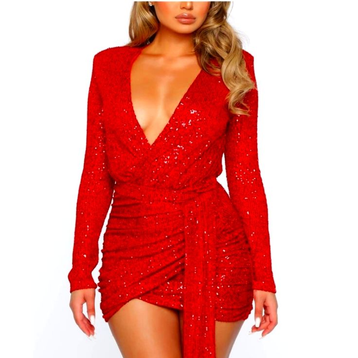 Nwt Fashion Nova, Center Stage Sequin Mini Dress, Red, Women's Size Xl, Nwt Red V-neck Mini Dress For Holiday, Red Long Sleeve Mini Dress For Party Season, Red Mini Dress For Winter Night Out, Red Mini Dress For Night Out In Winter, Red Dress For Winter Night Out, Red V-neck Mini Dress For Party Season, Red Long Sleeve Mini Party Dress, Red Mini Dress For Holiday Party, Red Mini Dress For Winter Holiday Party