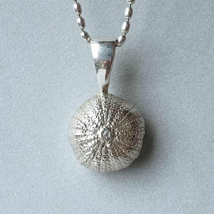 The Baby Sea Urchin - This is a handmade piece, moulded from a real baby sea urchin found by my daughter amongst the shells at my local beach in Sydney. I love the intricate detail and natural imperfections, it's amazing how nature can create something so geometric. This is a three dimensional piece with a small flat on the back. Cast in solid 925 sterling silver and hand-polished . I wear mine every day to keep me connected to the ocean and to my daughter.  295 silver elongated cable chain included, three lengths to choose from.  The Baby Sea Urchin is also available in sold 18k gold on request. Sea Urchin Spines Necklace On Silk String, Nickel-free Shell-shaped Ocean-inspired Jewelry, Sea Urchin Jellyfish, Sea Urchin Spine Jewelry, Sea Urchin Spines, Ocean Jewelry, Small Flat, Sea Urchin, Cable Chain