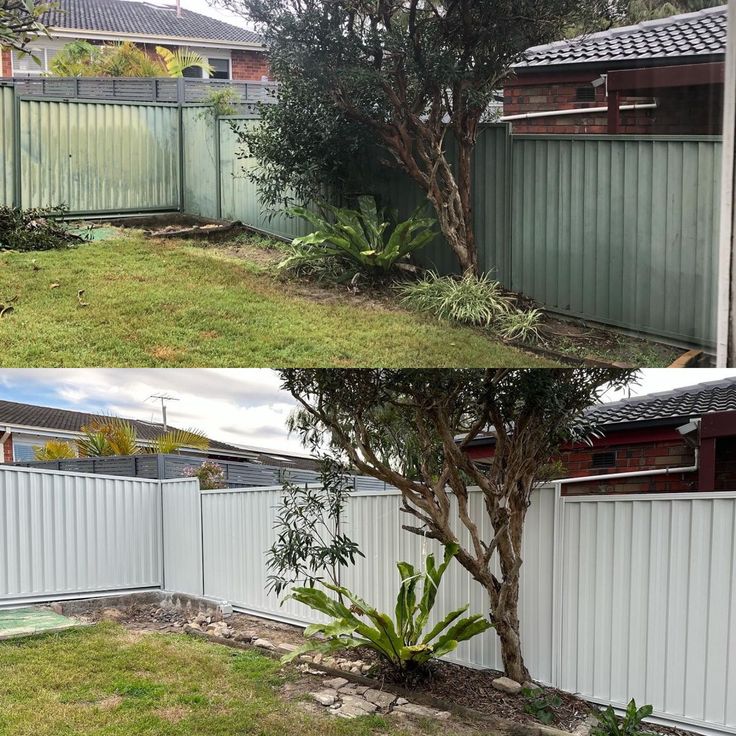 before and after photos of a backyard with grass on the roof, fenced in area