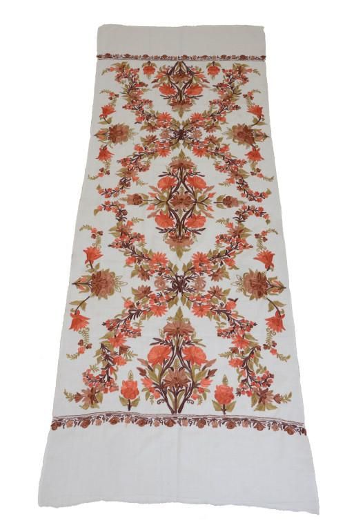 The gorgeous white pure pashmina shawl is 100% authentic and is hand embroidered with stunning multicolored aari work. All our shawls/stoles are made from a blend of 90% finest pashmina (cashmere) wool & 10% silk, exclusively hand spun and hand woven by craftsmen in Kashmir. With a Standard 2-Ply thickness, this lovely shawl can be worn as a warm scarf in chilly weather or can be wrapped around even in warm outdoors. Dimensions: 81" x 30" Care Instructions: Dry Clean, Cold Iron Only Note: Th White Pashmina Dupatta Shawl, Festive White Pashmina Shawl, Embroidered White Pashmina Dupatta, Festive White Pashmina Dupatta, White Pashmina Shawl With Resham Embroidery, White Pashmina Dupatta With Intricate Embroidery, White Embroidered Pashmina Scarf, White Embroidered Pashmina Shawl, White Pashmina Shawl With Embroidered Border For Festive Season