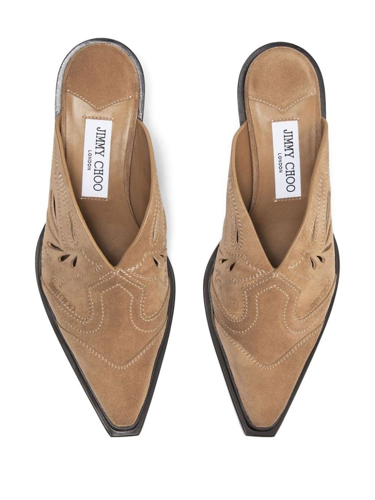 light brown suede cut-out detailing Western-style stitched yoke pointed toe branded leather insole mid block heel leather sole Practical Shoes, Jimmy Choos, Inspired Aesthetic, Bridesmaid Bags, Suede Mules, Sneaker Dress Shoes, Design Grafico, Boot Bag, Leather Mules