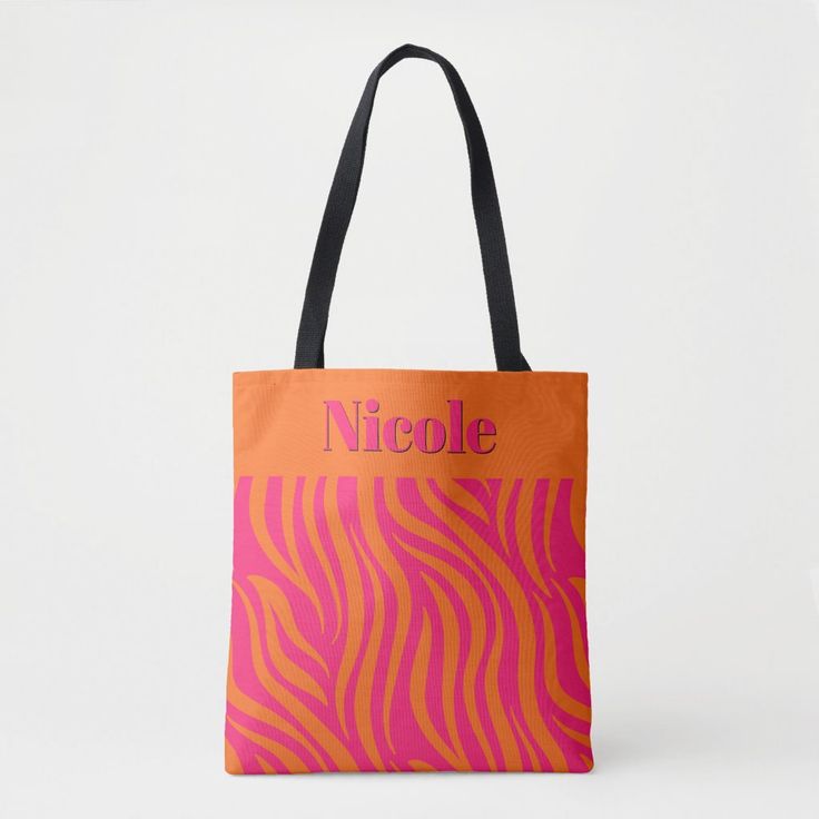 Bold Hot Pink and Orange Abstract with Name Tote Bag Pink Retro Shoulder Bag As Gift, Retro Pink Shoulder Bag As Gift, Pink Tote Bag For Mother's Day, Orange Tote Shoulder Bag For Gift, Mother's Day Pink Gift Shoulder Bag, Pink Gift Bag Shoulder Bag For Mother's Day, Pink Gift Bag For Mother's Day, Pink Rectangular Shoulder Bag For Mother's Day, Mother's Day Pink Rectangular Shoulder Bag