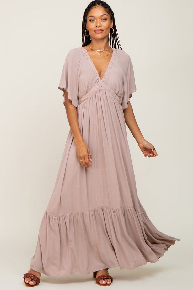 Taupe V-Neck Flounce Sleeve Maxi Dress – PinkBlush Maternity Pictures Dress, Neutral Maxi Dress, Fitted Maternity Dress, Womens Boho Dresses, Tier Dress, Maternity Maxi Dress, Outfit Styles, Summer Pregnancy, Maternity Maxi