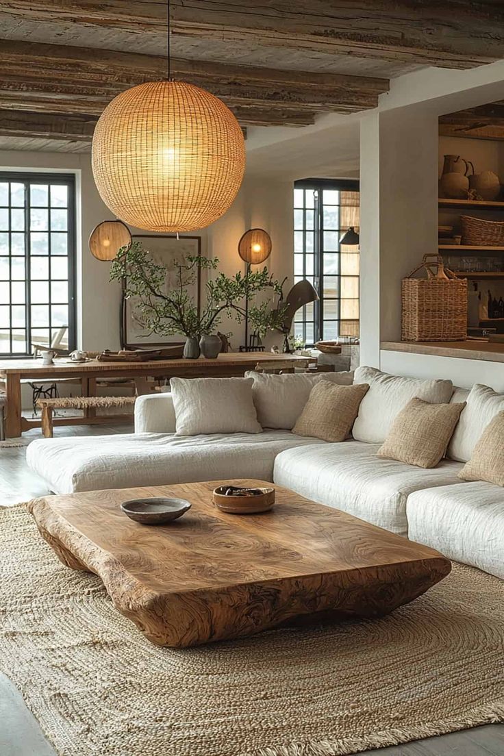 a living room filled with furniture and a large wooden table on top of a rug