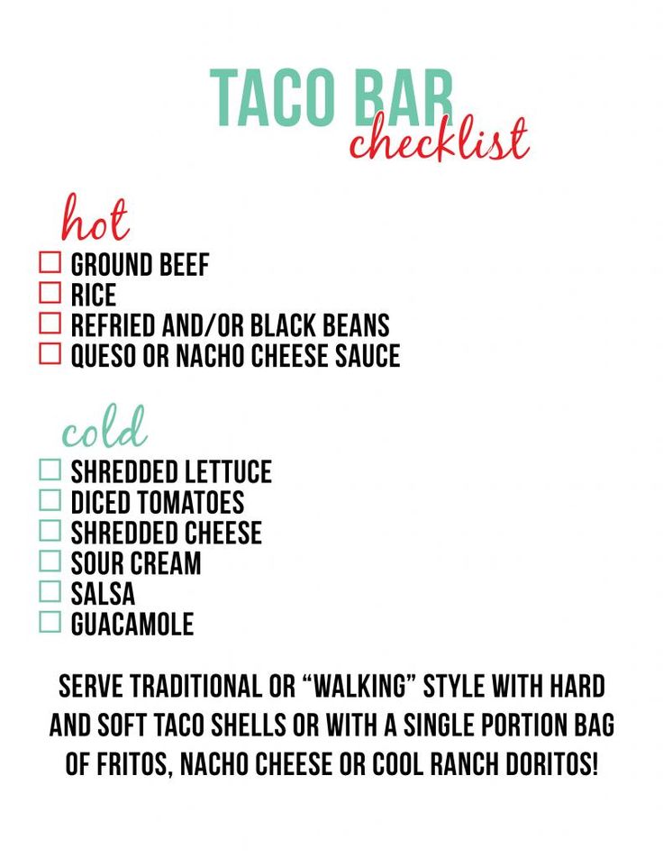 the taco bar checklist is shown in red and green with black lettering on it