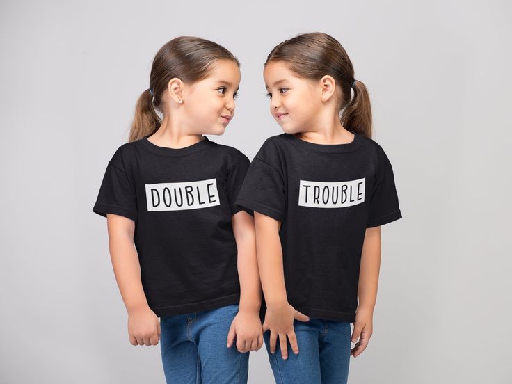 Unisex kids double or trouble text t-shirt (Price is for 1 tshirt) The toddler/baby tops are printed on a different brand to the 3-4 upwards  so there may be a slight variation in shading   - Printed on excellent quality kids tshirt - 100%  cotton - Classic fit - Suitable for unisex wear - Wash cool due to print, do not tumble dry and do not use fabric softener due to print. - Text applied with garment vinyl - Mock ups for illustration purposes only, colours may vary depending on screen resolution - Garment measurements and approx to fit can be found in images PLEASE ENSURE YOU READ OUR SHIPPING AND RETURN/EXCHANGE POLICIES. We are based in the United Kingdom. It is important that you check your import/customs charges for your country as the buyer is responsible for these, these will not b Sister T Shirts, Sister T Shirt, Matching Friend, Baby Due Date, Sibling Gifts, Kids Tshirt, Baby Pregnancy, Toddler Tops, Pregnancy Announcement Shirt