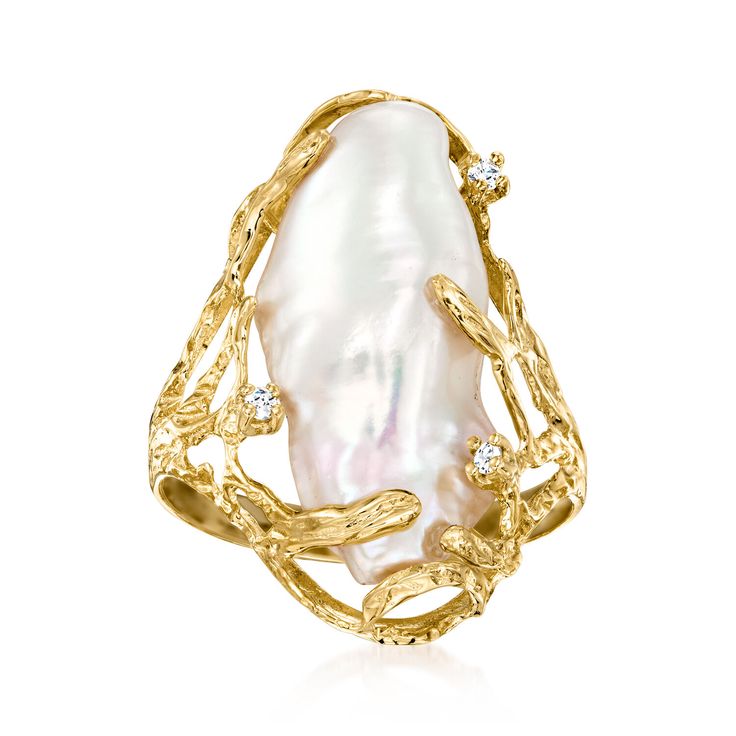 Ross-Simons - 10x24mm Cultured Baroque Pearl Ring, Diamond Accents in 14kt Yellow Gold. Size 7. Bold and beautiful! Diamond accents dot the labyrinth-like 14kt yellow gold band that holds an organically shaped 10x24mm cultured freshwater baroque pearl. 1" wide. White pearl ring. Pearl birthstones are the perfect gift for June birthdays. White Pearl Ring, Pearl Birthstone, Pearl And Diamond Ring, Ring With Diamond, Bold And Beautiful, Pearl Types, Sea Pearls, Pearl Diamond, Traditional Jewelry