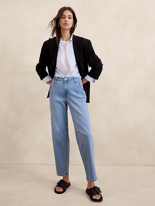 Mid-Rise Barrel Jean | Banana Republic Factory Modern Relaxed Fit Cropped Jeans For Workwear, Modern Cropped Jeans With Relaxed Fit For Work, High Rise Cropped Jeans For Spring Workwear, High Rise Jeans For Spring Workwear, Spring High Rise Cropped Jeans For Work, Spring Workwear High Rise Cropped Jeans, Spring Casual Cropped Jeans For Workwear, Straight Leg Cropped Jeans In Light Wash For Workwear, Chic Light Wash Cropped Jeans For Work