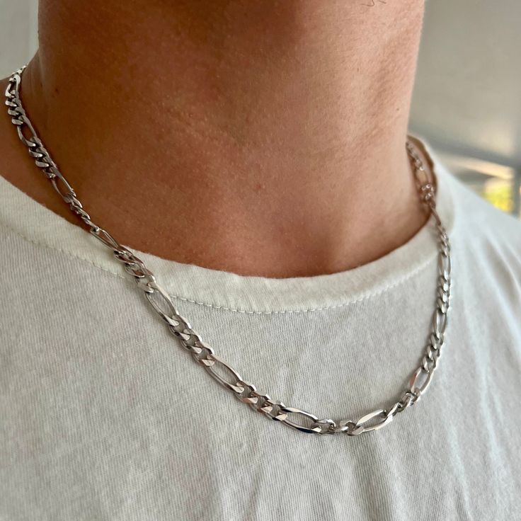 Details: Sterling Silver Figaro Chain Chain Outfit, Silver Figaro Chain Necklace, Chains Aesthetic, Silver Figaro Chain, Mens Silver Jewelry, Silver Chain For Men, Figaro Chain Necklace, Chunky Chain Necklaces, Figaro Chains