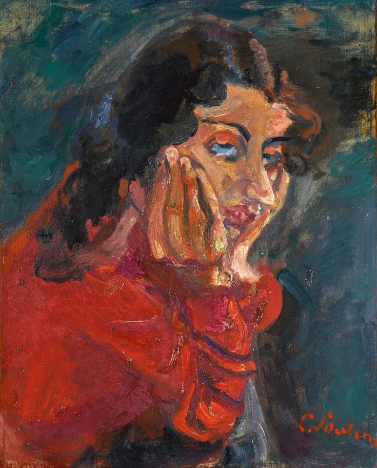 a painting of a woman with her hands on her face