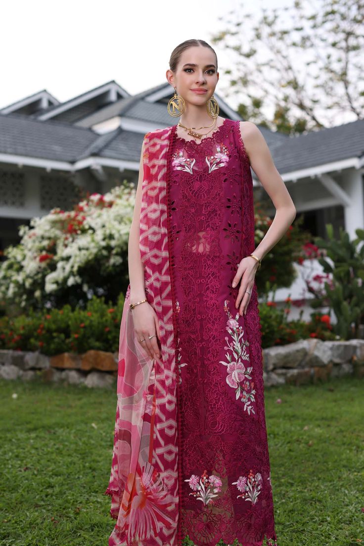 Brand: Saadia AsadProduct: Chikankari D-10ACollection: Noor by Saadia Asad Luxury Chikankari Lawn CollectionFabric: LawnDesign Work: Embroidered PRODUCT DETAILS: Laser embroidered lawn front center panel Embroidered panels inserts Shiffli embroidered side panels Schiffli embroidered lawn back Schiffli embroidered lawn sleeves Dyed cambric trouser Digital printed chiffon dupatta Embroidered scalloped hem border Embroidered scalloped sleeves border Embroidered neckline DISCLAIMER:* Lining, Laces, and Tassels are not included in unstitched variants.* Embellishment items in stitched outfits are subject to market availability.* Product color may vary due to photographic lighting or your device settings. CARE INSTRUCTIONS: Extra Fabric Has Been Used For Shoot Original Color May Vary Slightly Fro Luxury Unstitched Cambric Sets, Maroon Suit, Scalloped Sleeves, Cotton Lawn Fabric, Eid Dresses, Chiffon Dupatta, Lawn Suits, Embroidered Neckline, Suit Fabric