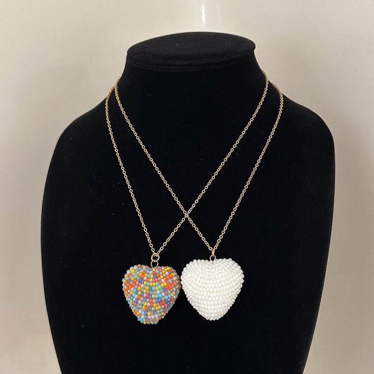 "The Beaded Heart Necklace ✨ Featuring a large beaded puffy heart pendant (choose color) and an 18k gold filled oval link chain (18\" with extender). if you need a custom length, DM me!  Unisex. Made with love 🫶 hearts measure at approx 1.5\" x 1.5\" (may vary just slightly- each one is unique!)" Heart-shaped Colorful Beads Jewelry For Gifts, Heart-shaped Colorful Beads Jewelry For Valentine's Day, Valentine's Day Multicolor Beaded Necklaces, Valentine's Day Heart-shaped Jewelry With Colorful Beads, Valentine's Day Heart-shaped Colorful Beads Jewelry, Heart Shaped Colorful Beaded Necklaces For Gifts, Heart-shaped Colorful Beaded Necklaces As Gift, Colorful Beads Heart Shaped Beaded Necklace Gift, White Beaded Necklaces For Valentine's Day