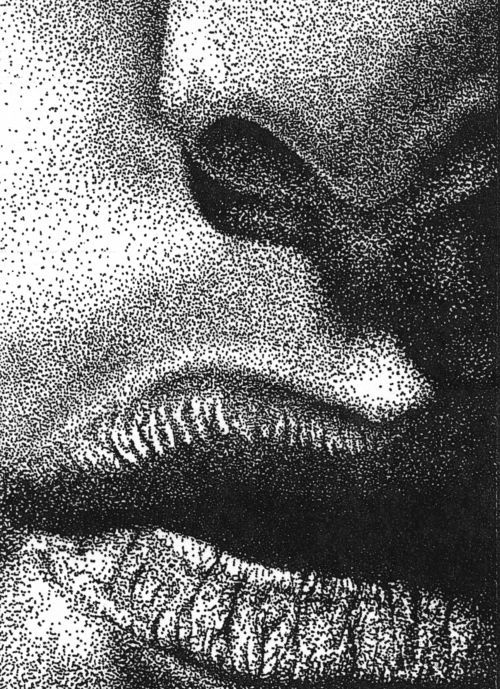 a black and white photo of a woman's face with her mouth open in half