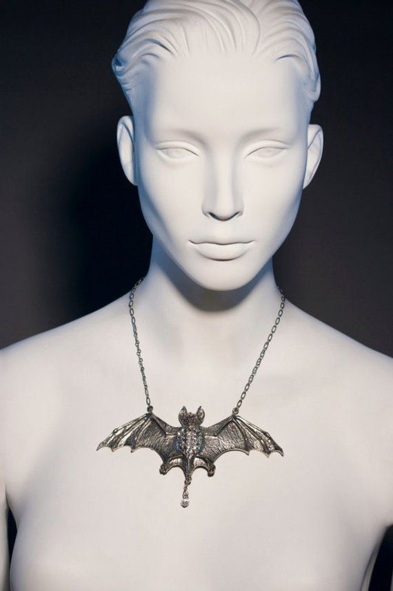 Bat Pendant Necklace Made With Clear Swarovski Crystals and Antique Silver Plated 6178PN Vintage Halloween Pendant Jewelry, Vintage Nickel Free Necklaces For Halloween, Vintage Nickel-free Necklace For Halloween, Gothic Pendant Necklace With Antique Finish, Gothic Hand Cast Collectible Necklaces, Halloween Metal Jewelry With Oxidized Finish, Halloween Oxidized Metal Jewelry, Gothic Metal Necklace With Antique Finish, Vintage Brass Jewelry For Halloween