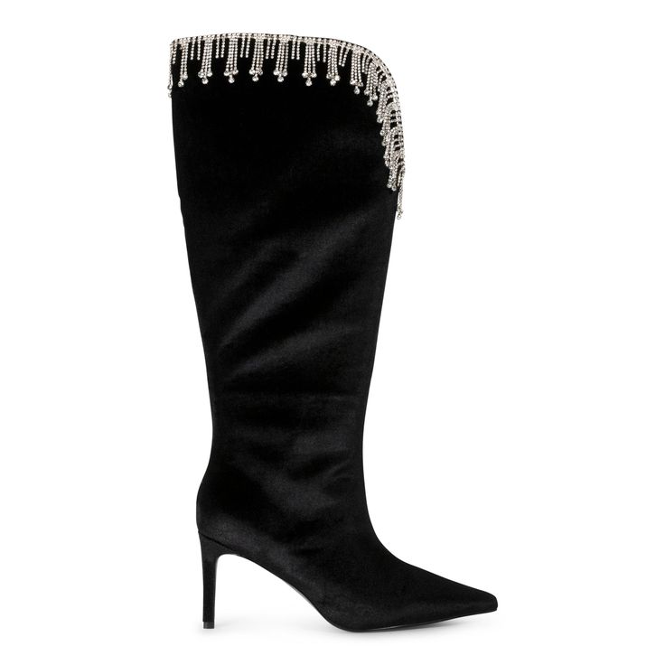 A showstopping boot with gorgeous ornate beading at the collar! Be ready for all of the looks when you wear these out! Heel height: 3.5" Material: Velvet, Faux crystal beading Evening Heeled Boots With Rhinestones, Glamorous Evening Embellished Boots, Glamorous Embellished Evening Boots, Winter Party Boots With Rhinestones, Glamorous Rhinestone Heeled Boots, Glamorous Embellished Heeled Boots For Party, Glamorous Embellished Party Boots, Glamorous Embellished Fitted Boots, Glamorous Fitted Embellished Boots