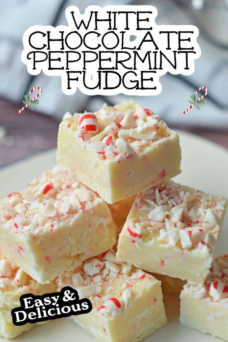 white chocolate peppermin fudge on a plate with candy canes