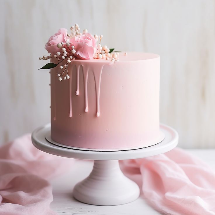 a pink cake with white icing and flowers sitting on top of a table next to a pink blanket