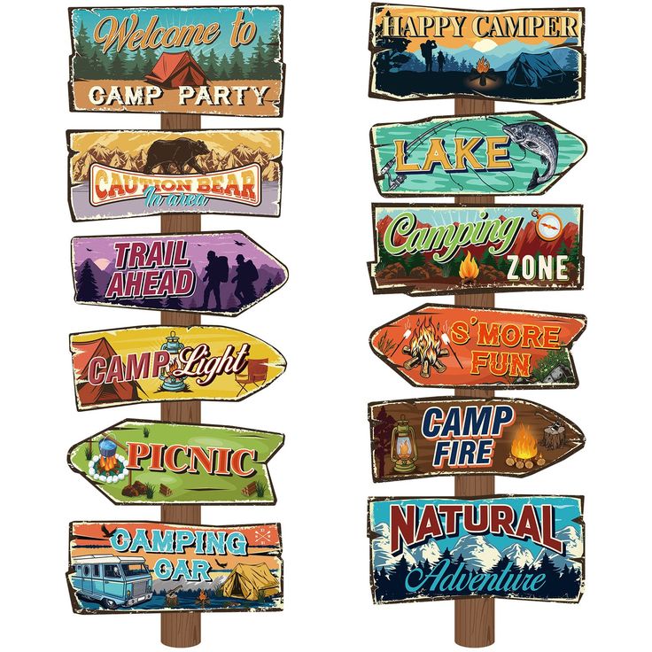 several wooden signs with different types of camping and camp related items on them, all pointing to different locations