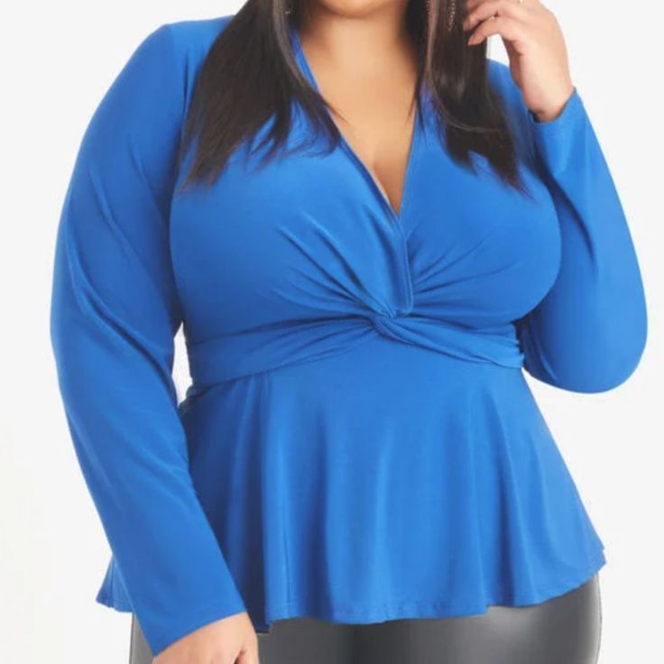 Ashley Stewart Blue Long Sleeve Twist Front Low Cut Blouse. Silky, Stretchy, Slinky Fabric. Plus Size 26/28. Bust Is 55" And Stretches To 70". Waist Is 48" And Stretches To 60". Hip Is 68" And Stretches To 84". Length Is 28" Measuring From Top Of Shoulder To Bottom Hem. New With Tag. Smoke Free, Pet Free Home. Low Cut Blouses, Poncho Blouse, Cut Blouse, Spaghetti Strap Blouses, Sleeveless Peplum Top, High Low Blouse, Mesh Blouse, Womens Sleeveless Tops, Pleated Blouse