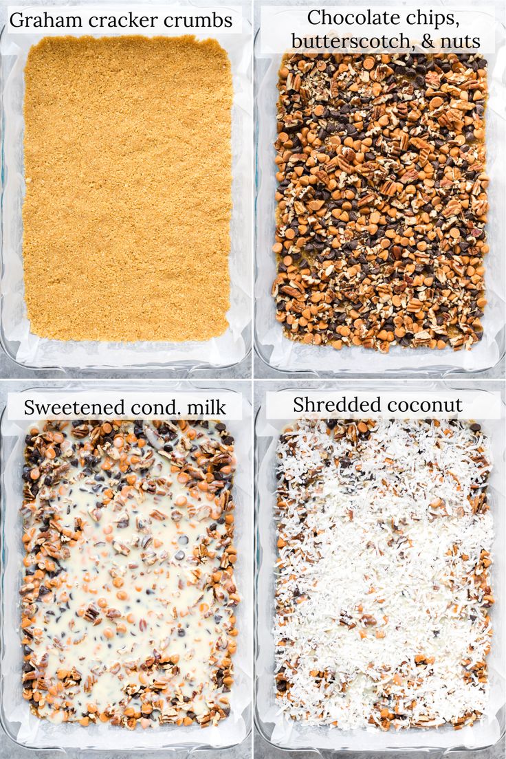 four different types of granola in plastic containers with text overlay that says granola cracker crumbs, butterscotch chips, chocolate chips, and nuts