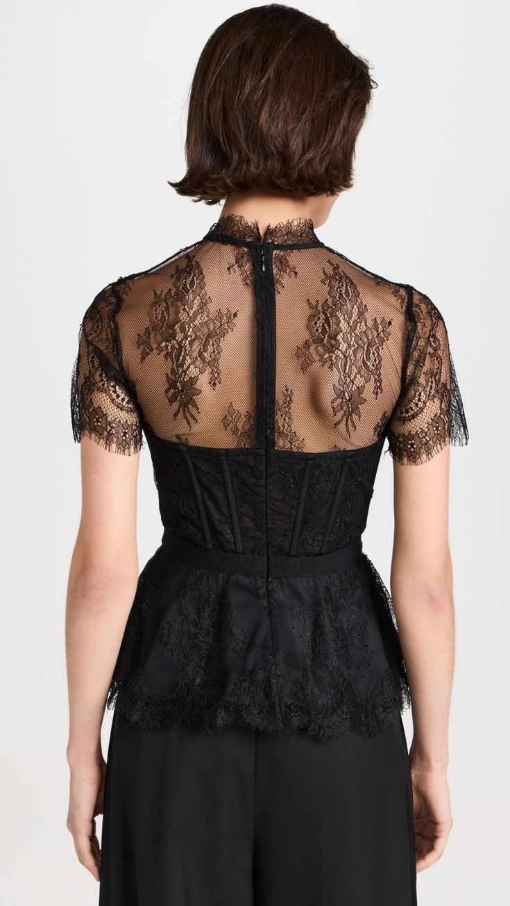 SIMKHAI Kehlani Lace Bustier Top | Shopbop Elegant Short Sleeve Tops With Scalloped Lace, Elegant Tops With Ruffles And Fitted Bodice, Elegant Black Corset With Contrast Lace, Elegant Short Sleeve Lace Tops, Short Sleeve Lace Tops With Ruffles, Short Sleeve Lace Top With Ruffles, Ruffled Lace Evening Top, Lace Ruffle Tops With Short Sleeves, Ruffled Lace Top For Evening