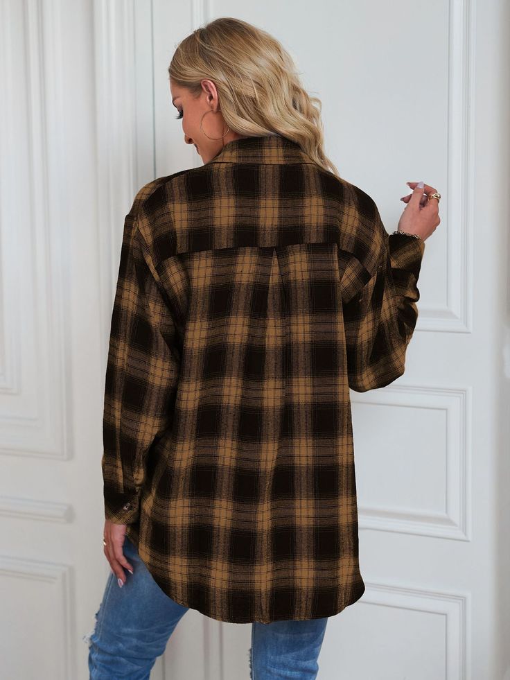 Women's Plaid Shirt Lapel Long Sleeve Check Shirt Oversize Plaid Shirt Jacket Brown Casual Collar Shirt For Fall, Brown Shirt With Casual Collar For Fall, Casual Collar Shirt With Pockets For Fall, Plaid Top With Pockets And Casual Collar, Plaid Tops With Pockets And Casual Collar, Casual Collar Brown Top For Fall, Oversized Cotton Shacket With Long Sleeves, Brown Casual Collar Top For Fall, Fall Single Breasted Collared Shirt