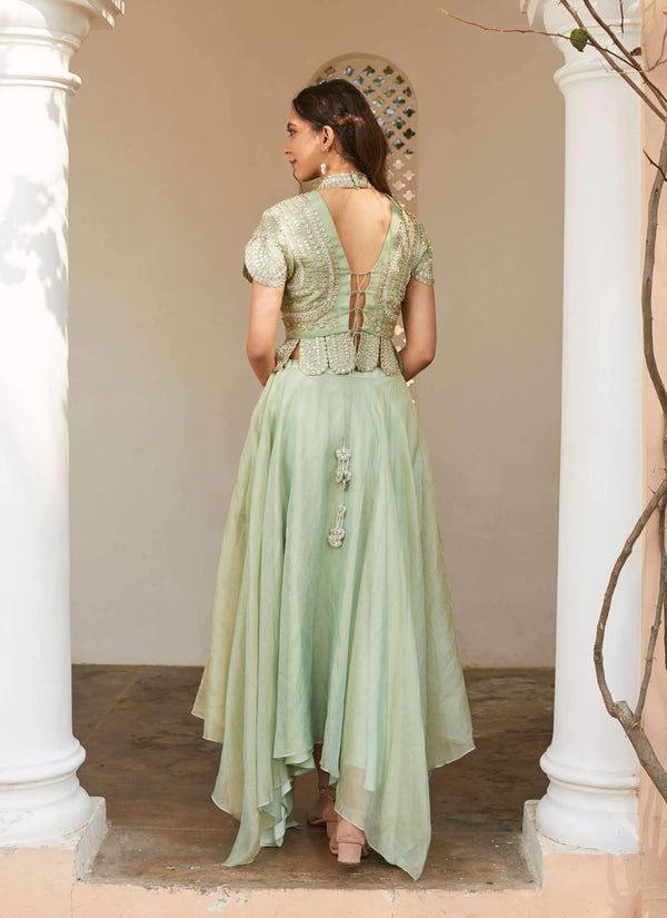 Osaa By Adarsh | Pastel Green Embroidered Top And Skirt | INDIASPOPUP.COM Elegant Royal Dresses, Pastel Green Fabric, Wedding Wardrobe, Crop Top And Skirt, Organza Skirt, Embroidered Crop Tops, Designer Dresses Casual, Fancy Blouses, Color Pastel