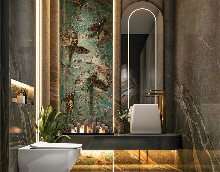 the bathroom is decorated in an art deco style and features marble walls, floor to ceiling windows, and a large mirror