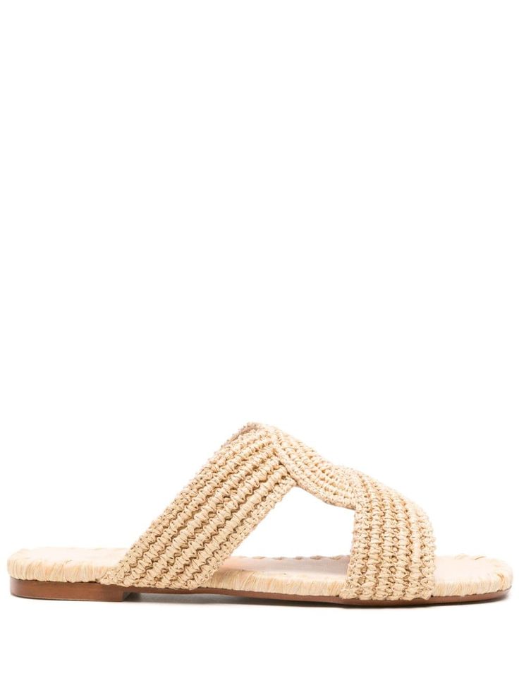 beige raffia interwoven design whipstitch trim square open toe crossover strap at the toe open back branded leather footbed low stacked heel slip-on style Summer Open Toe Mules With Intrecciato Weave, Casual Intrecciato Weave Mules For Summer, Beige Woven Straw Mules, Straw Sandals With Intrecciato Weave For Beach, Beach Sandals With Intrecciato Weave And Straw Material, Beach Sandals With Intrecciato Weave In Straw, Chic Beige Woven Mules, Natural Color Sandals With Intrecciato Weave And Open Toe, Beach Straw Sandals With Intrecciato Weave