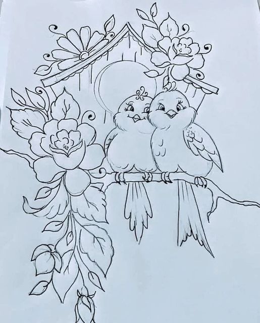 two birds sitting on top of a tree branch with leaves and flowers in the background