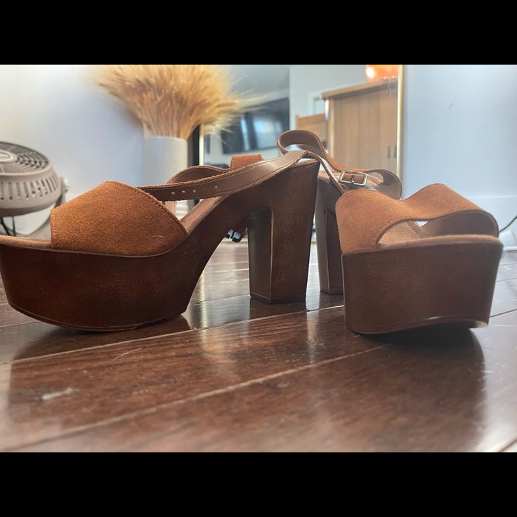 Brand New. Never Worn. Formal Suede Platform Heels, Brown Chunky Platform Sandals For Party, Suede Wedge Heels With Padded Heel, Fall Open Heel Platform Heels, Trendy Brown Closed Toe Heels, Brown Trendy Round Toe Heels, Trendy Brown Round Toe Heels, Suede Platform Wedge Heels, Suede Wedge Heels With Platform