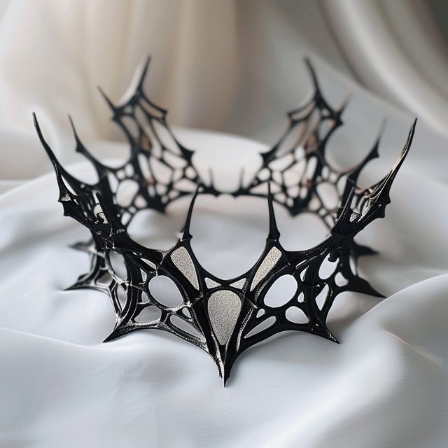 Aliberk Senbas on Instagram: "ARACHNID REGALIA - Drape yourself in the elegance of the Arachnid Regalia. 🕷️👑 Embrace the allure of the spider's realm, where beauty and power intertwine in a delicate dance. Let each thread of this regal crown weave tales of mystique and grace as you reign over realms both seen and unseen. #ArachnidRegalia #spiderqueen  FORM IS INFINITE ♾  #formzee #fashion #design #future #futuristicart #neogothic #gothic #mysterious #organic #organicdesign #futuristic #dark #beautiful #style #artist #art #fashiondesigner #instafashion #midjourney #ai #dalle3 #stablediffusion #clothing #fashionstyle #designerfashion" Demon Crown Queens, Gothic Crown Diy, Crown Dark Aesthetic, Spider Crown, Crown Sculpture, Spider Fashion, Goth Crown, Shadow King, Gothic Crown