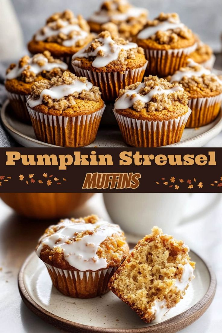 pumpkin streusel muffins with white frosting on top