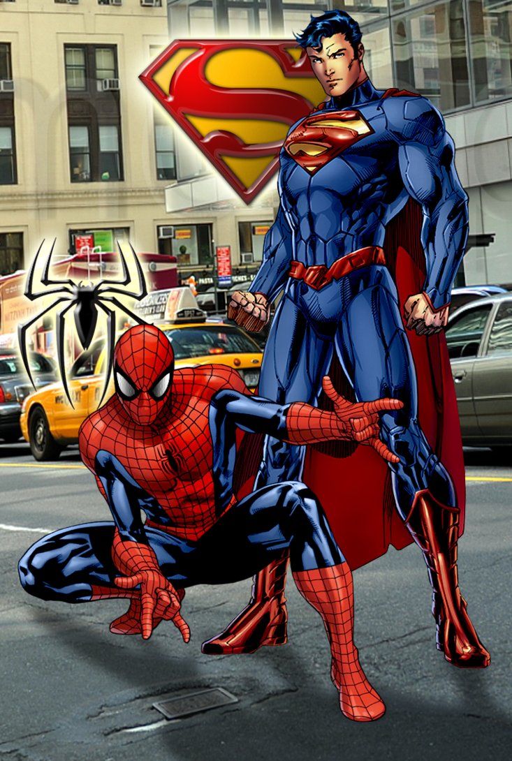 two superheros are standing in the street