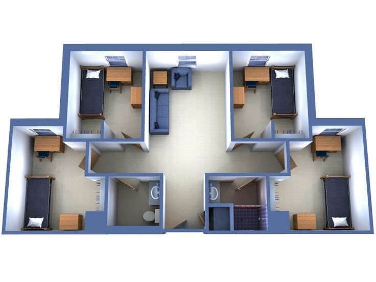 an overhead view of a three bedroom apartment floor plan with the kitchen and living room separated by two separate rooms