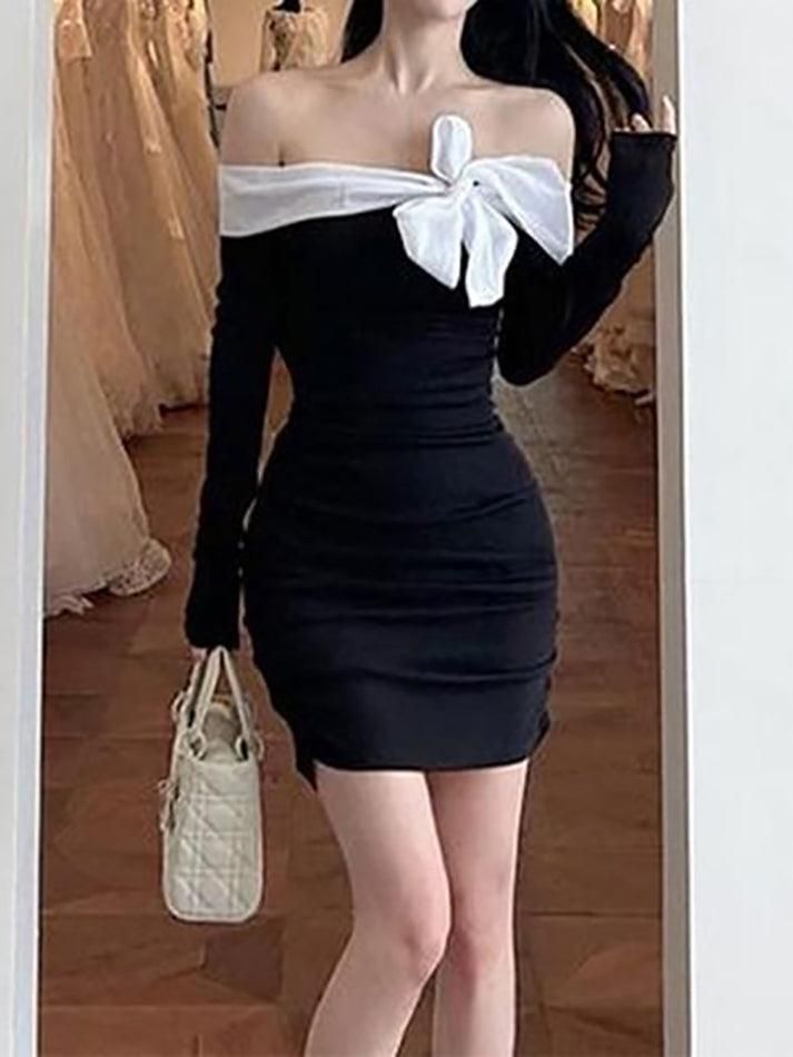 Material: 95% Polyester, 5% Elastane Black Long Sleeve Off Shoulder Summer Dress, Casual Off-shoulder Evening Bodycon Dress, Casual Off-shoulder Bodycon Dress For Evening, Chic Long Sleeve Off Shoulder Ruched Dress, Chic Long Sleeve Ruched Off Shoulder Dress, Ruched Off Shoulder Long Sleeve Dress, Trendy Fitted Off-shoulder Dress, Casual Long Sleeve Off Shoulder Party Dress, Fitted Long Sleeve Off Shoulder Dress For Brunch