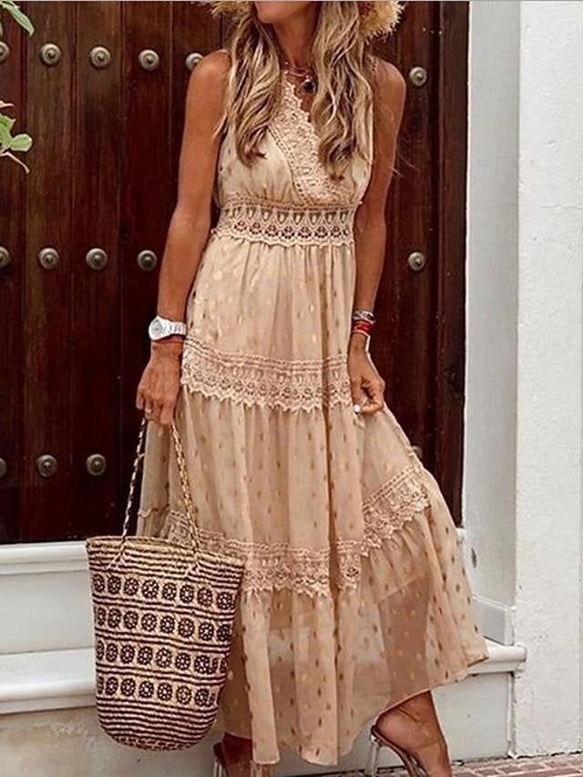 Beige Sleeveless Maxi Dress For Vacation, Beige Sleeveless Sundress For Vacation, Beige Sleeveless Summer Sundress, Beige A-line Sleeveless Sundress, Summer Beige Sleeveless A-line Dress, Beige Sleeveless Sundress For Summer, Beige Sleeveless Sundress, Casual Beige Halter Neck Sleeveless Dress, Flowy Sleeveless Beige Midi Dress